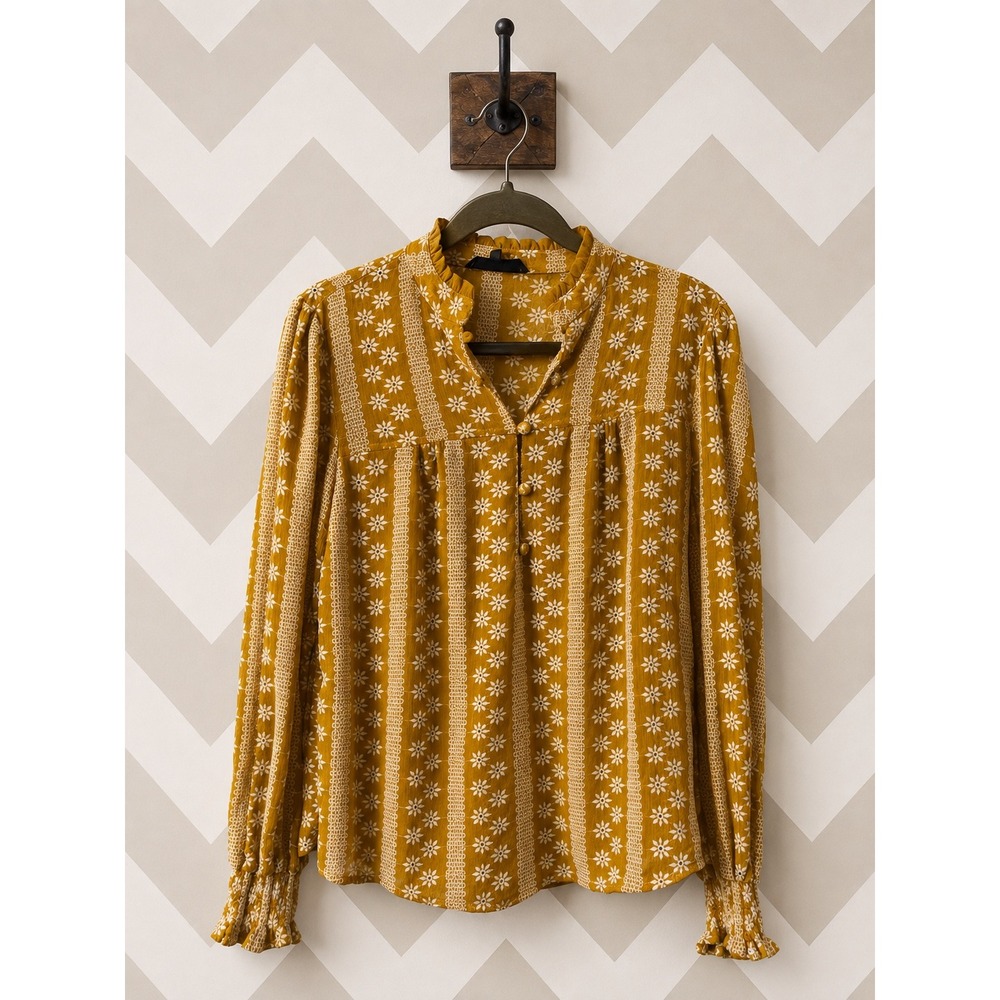 Monarch Blouse Mustard Yellow Floral Embroidery Eyelet Long Sleeve Size S